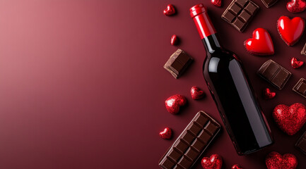 Wine bottles, chocolates, and candies on a red background with copy space for a Valentine's Day celebration or Christmas holiday greeting card banner.