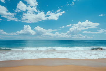 Waves Gently Breaking on Sandy Shore Under a Bright Blue Sky