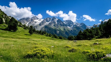 Fototapeta premium Idyllic mountain scenery with lush greenery and snowcapped peaks under bright blue sky : Generative AI