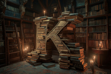Obraz premium Creative display of vintage books on a shelf forming the letter 'K', symbolizing the love of reading and knowledge