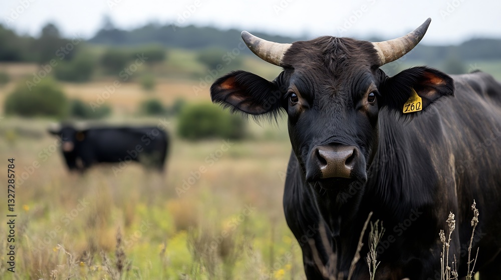 Aufkleber Close up view of a black cow in a green meadow with another cow blurred in the background highlighting rural life : Generative AI