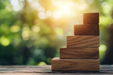 Wooden blocks stacked to form steps, representing the journey of success and growth in business or personal life with copy space on a blurred background.
