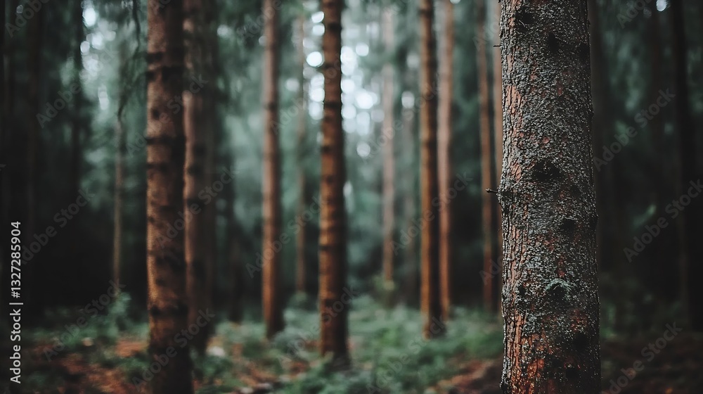 Aufkleber dense forest with tall tree trunks extending into a misty and atmospheric background : generative ai