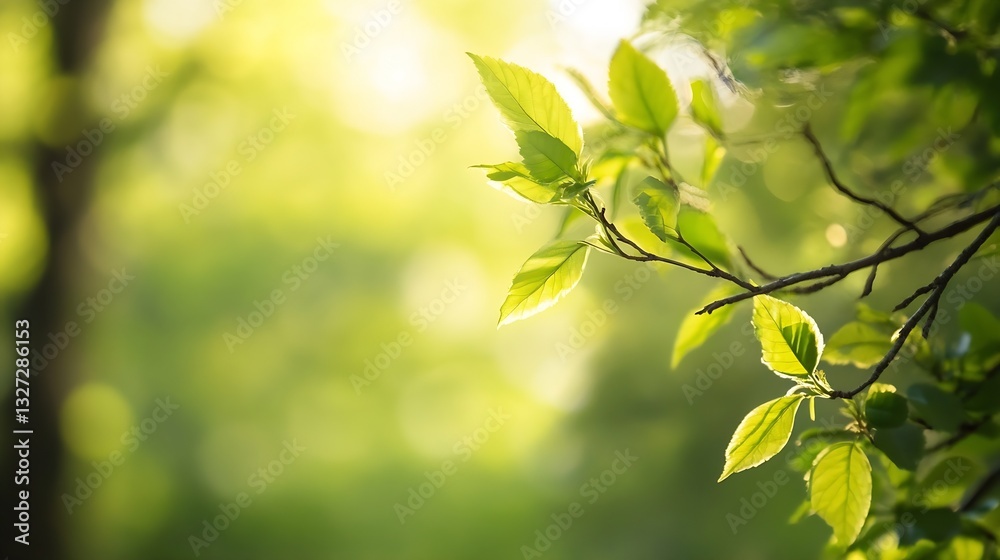 Poster Sunlit greenery with fresh leaves creating a serene and tranquil atmosphere in nature : Generative AI