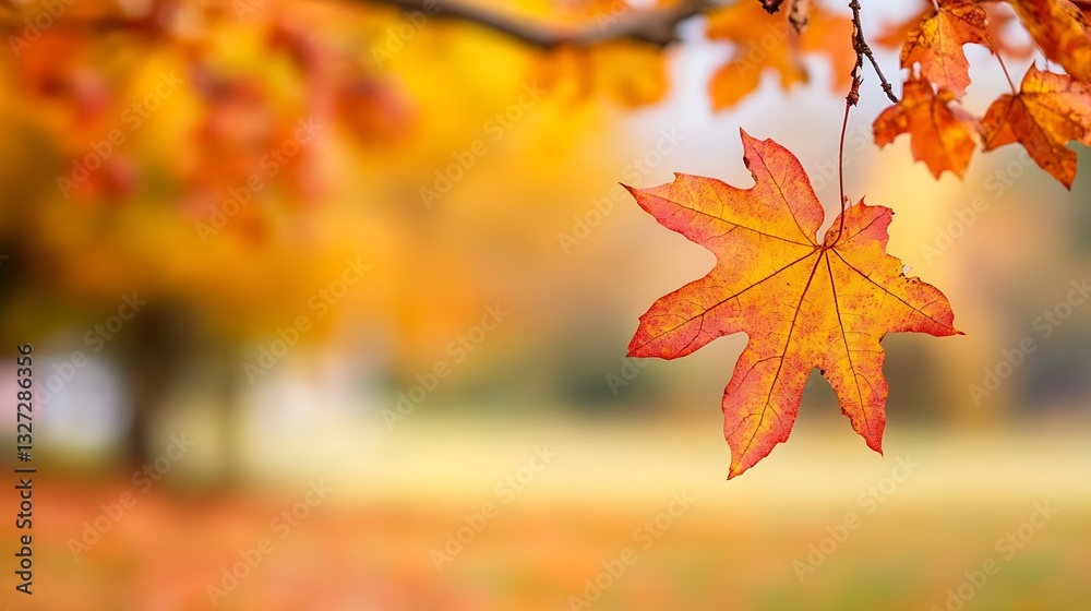 Aufkleber vibrant autumn leaves gently hanging from a branch showcasing warm colors in a serene park setting :