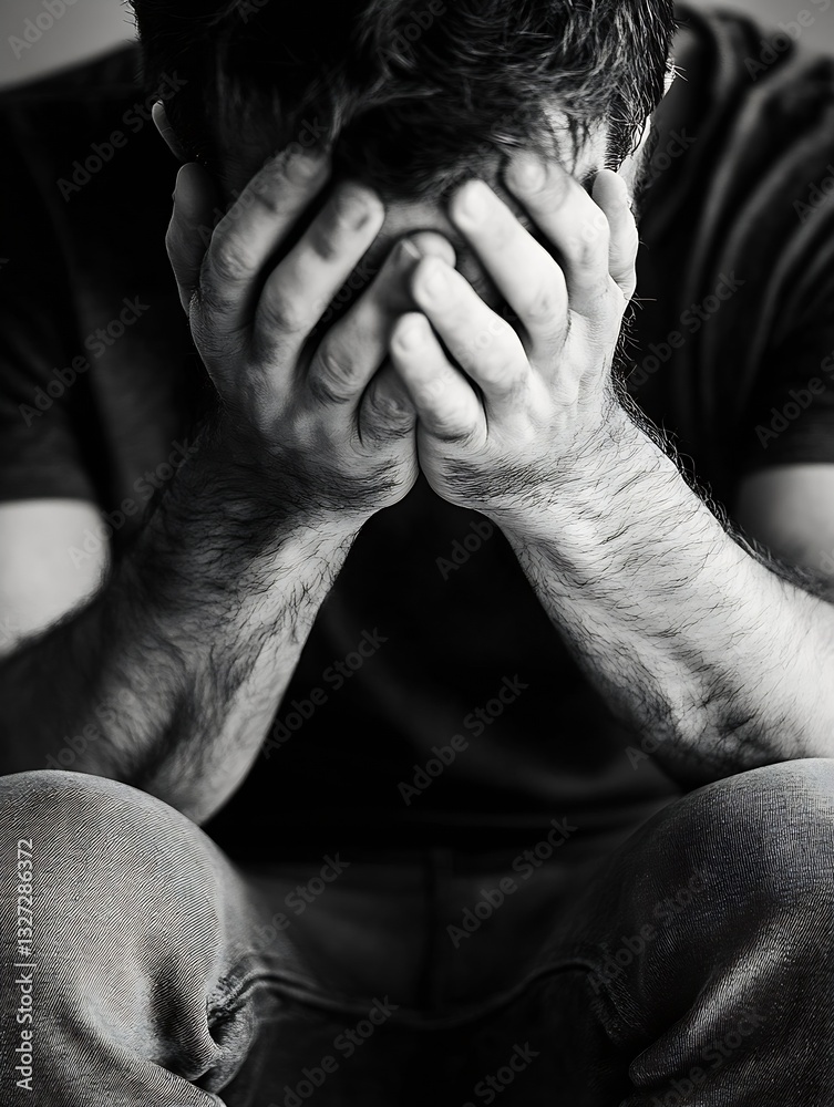 Poster man in deep emotional turmoil hiding his face with hands in a black and white portrait : generative 