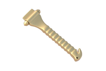 Golden safety hammer isolated on white background. Emergency tool. Rescue equipment. 3d render