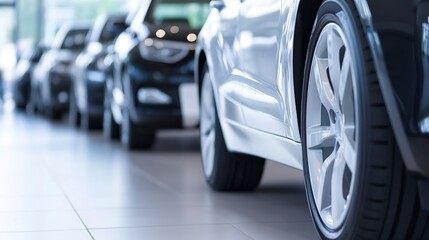 Elegant close up of polished car rims in a modern automobile showroom setting showcasing luxury vehicles : Generative AI
