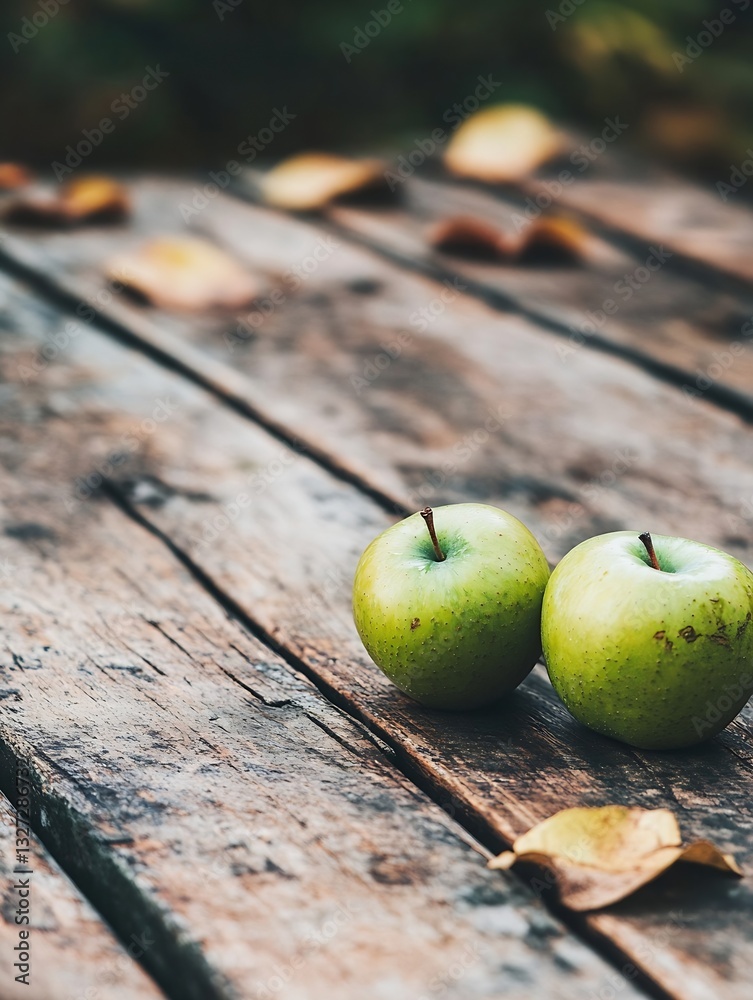 Poster two fresh green apples resting on a rustic wooden surface surrounded by autumn leaves creating a sea