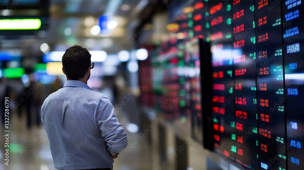 Poster business professional analyzing stock market data on electronic display board in busy environment : 