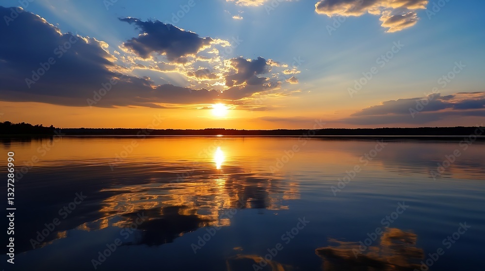 Aufkleber stunning sunset reflects on calm lake waters creating a picturesque and tranquil evening scene : gen