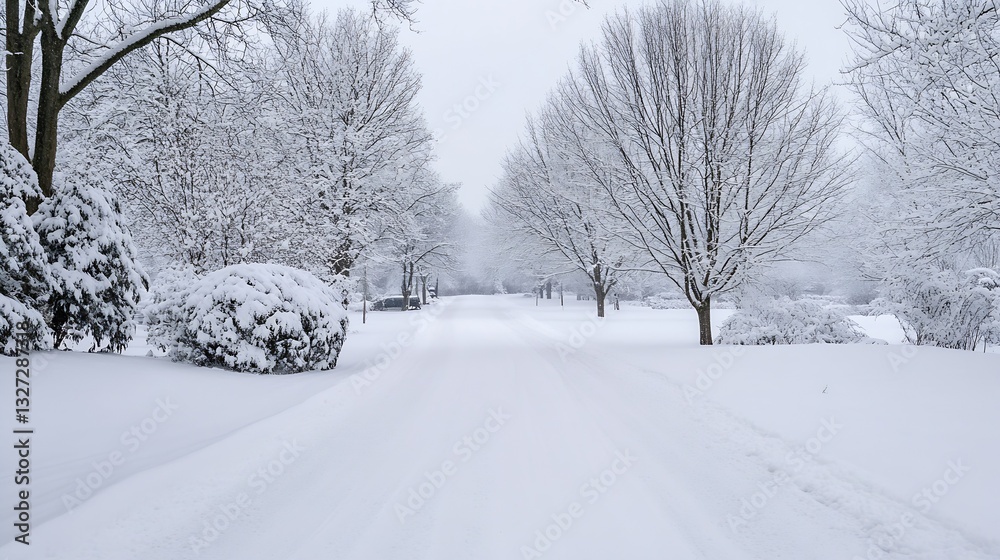 Poster snow covered road surrounded by white trees creating a winter wonderland vibe : generative ai