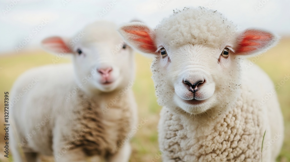 Poster Close up view of two adorable sheep in a green field creating a charming and playful atmosphere : Generative AI