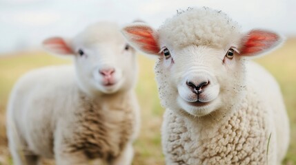 Close up view of two adorable sheep in a green field creating a charming and playful atmosphere : Generative AI