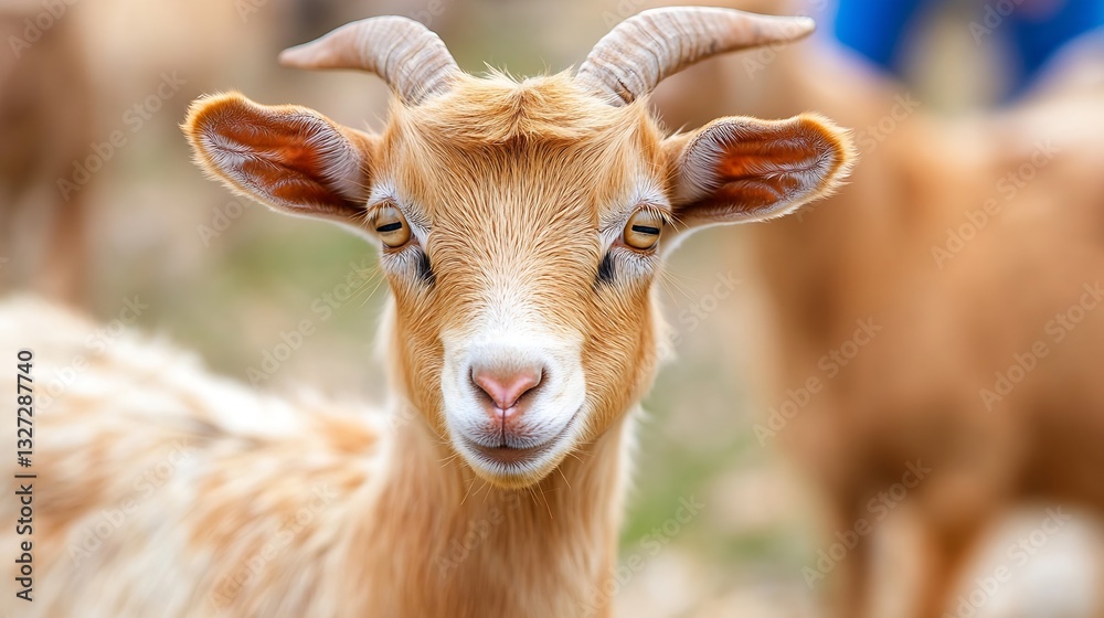 Poster curious young goat with distinctive features captured in a natural farm environment : generative ai