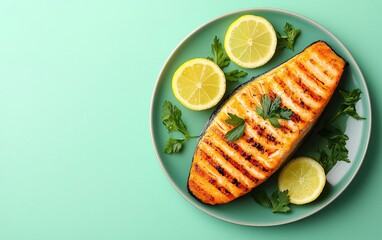 Grilled salmon fillet served on a green plate with lemon slices and fresh herbs, creating a vibrant and appetizing presentation.