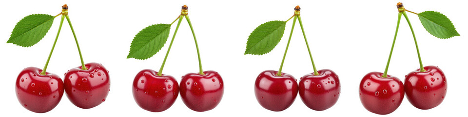 Set of Two Sour Cherries with Stems and Leaf