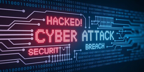 Cybersecurity Breach &ndash; Bold "HACKED!" Warning Amidst Digital Threats, network protection, information breach, online fraud, ethical hacking, security monitoring, cybersecurity incident response