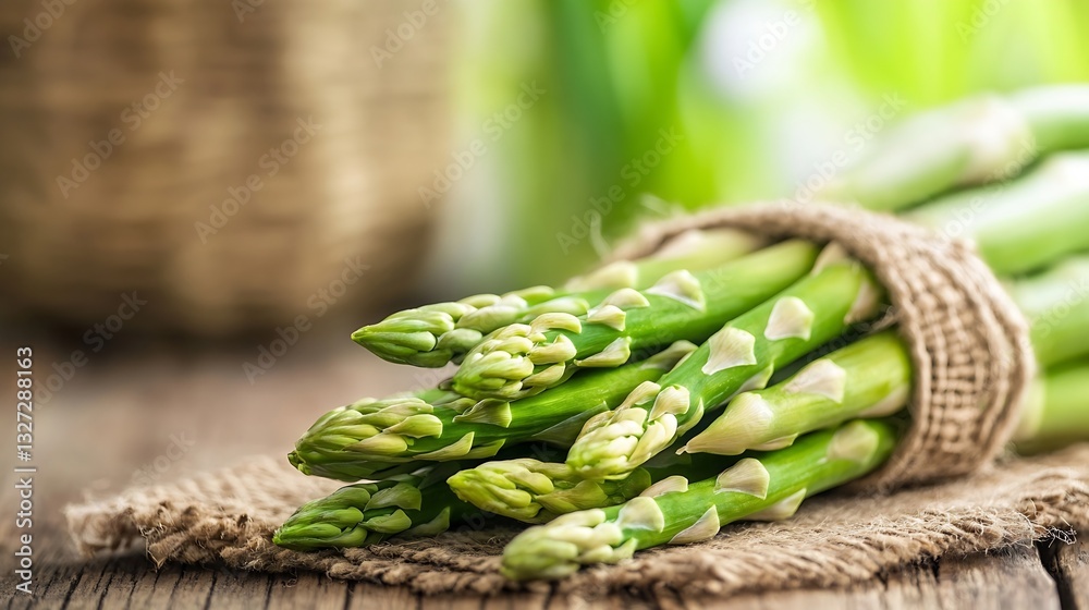 Poster fresh green asparagus bundle on rustic wooden table surrounded by natural light : generative ai