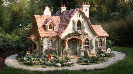 Fototapeta premium Fairytale cottage dollhouse with a whimsical garden, floral details, and pastel-colored furniture.