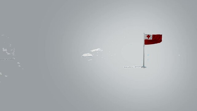Tonga map animation.The Tonga flag flies majestically over a detailed map