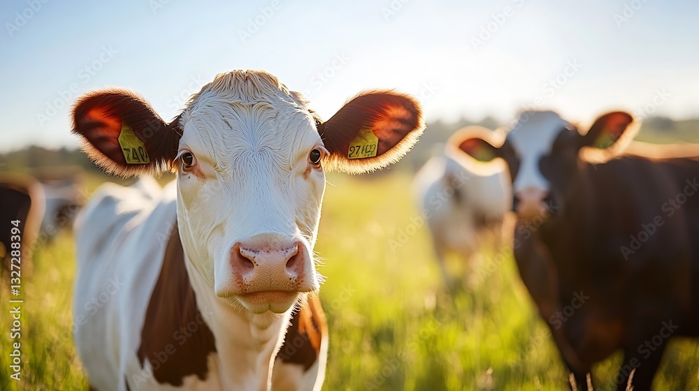 Poster close up of a content cow in a sunny pasture scene : generative ai