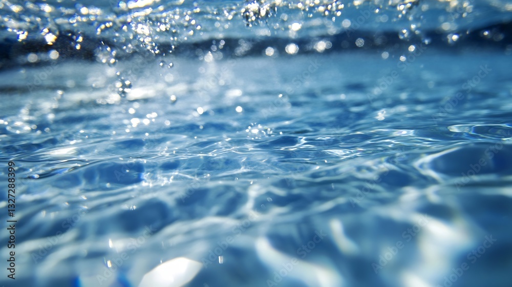 Poster Underwater perspective of clear blue water with sunlight creating a shimmering surface effect : Generative AI