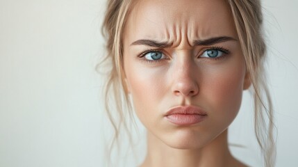 Young woman frowning and showing wrinkles on forehead. Close-up of a young woman frowning, highlighting wrinkles on her forehead, a concept of aging and skin care.