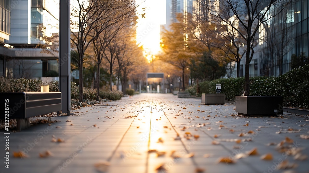 Aufkleber autumn street pathway lined with trees and fallen leaves under soft golden light : generative ai