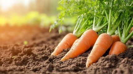 Freshly harvested organic carrots growing in soil under sunlight representing healthy eating and gardening : Generative AI