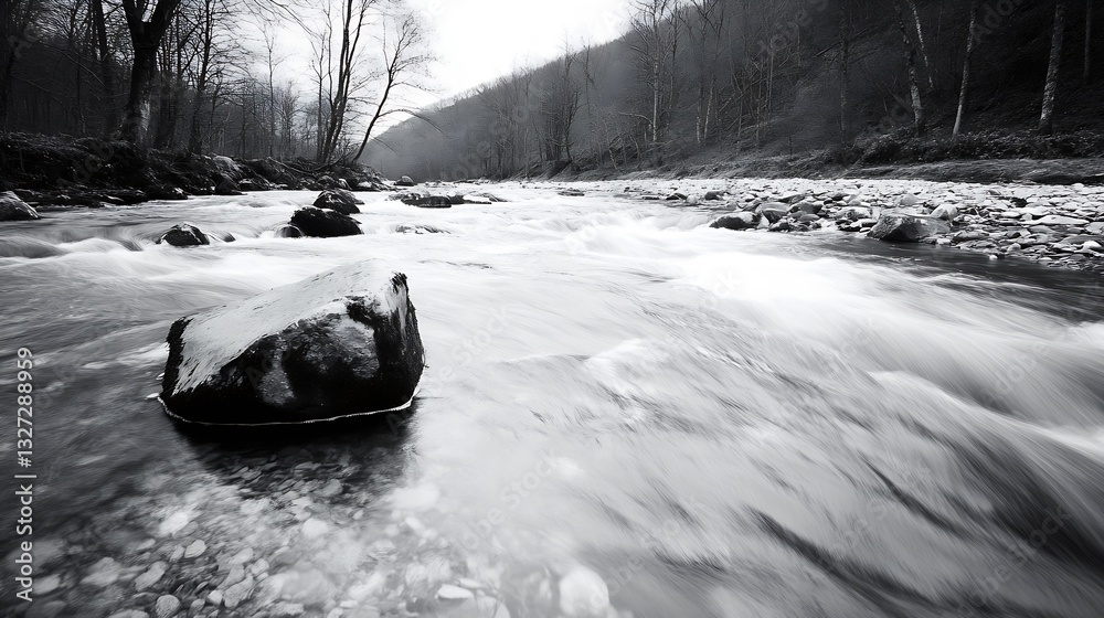 Poster Black and white photograph of a flowing river with large rocks surrounded by barren trees in a calm setting : Generative AI
