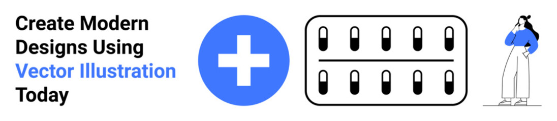 Blue medical cross, capsule blister pack, and standing woman in thoughtful pose. Ideal for health products, creativity, medical theme, innovation, wellness, modern design flat landing page banner