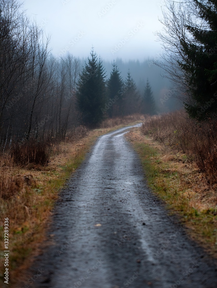 Poster A winding dirt path through a foggy forest surrounded by trees and natural scenery : Generative AI