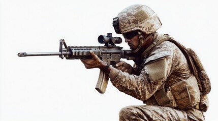 Fototapeta premium British soldier modern rifle stance military-grade weapon ultra-realistic transparent art