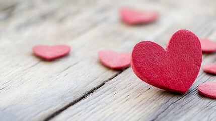Obraz premium Collection of small red heart shapes on rustic wooden background creating a romantic atmosphere : Generative AI