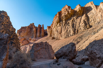 The famous Valley of Castles in the Charyn River Canyon in southeastern Kazakhstan