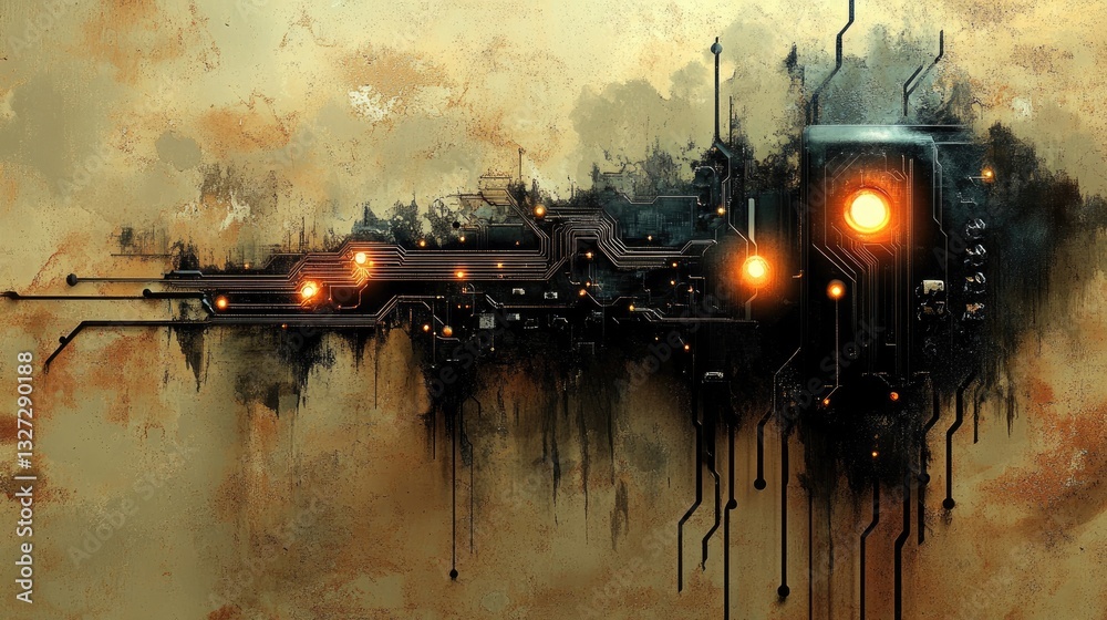 Poster futuristic tech abstract art on aged background