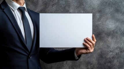 Naklejka premium Businessman showing blank paper against gray wall. Businessman holding blank white horizontal paper sheet with copy space against gray wall background