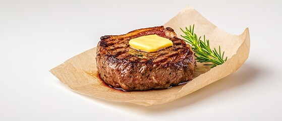A perfectly grilled steak topped with butter, garnished with a sprig of rosemary, served on a light-colored paper.
