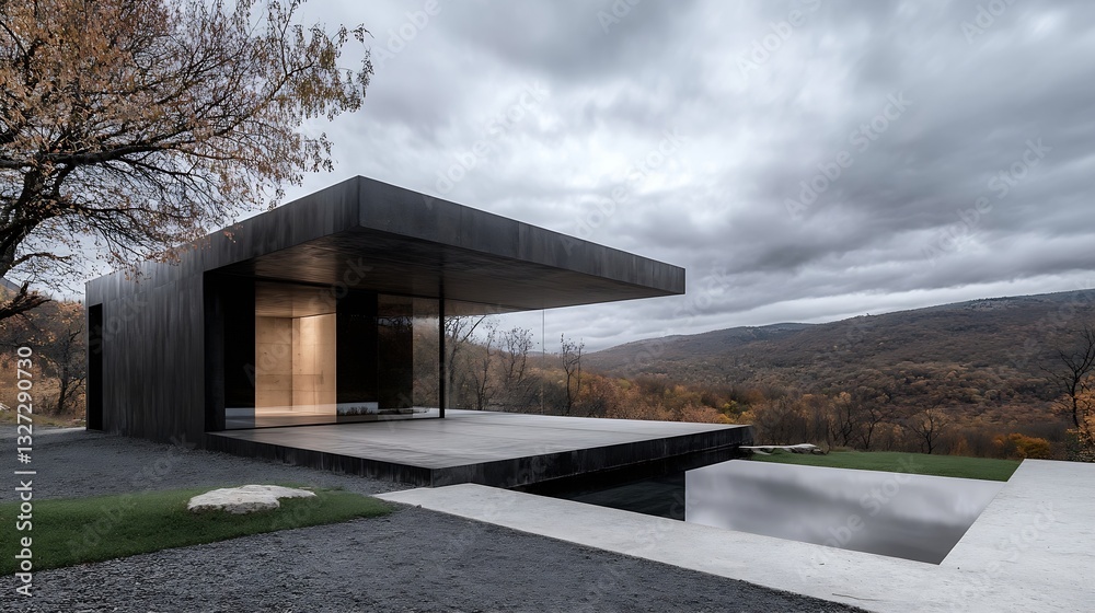 Poster modern minimalist home design with stunning view of mountains and dramatic sky : generative ai