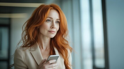 Fototapeta premium Confident red-haired businesswoman in a beige blazer holds a smartphone while gazing out of a modern office window, deep in thought.