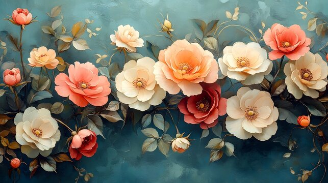 Enchanting Multicolor Floral Arrangement with Graceful Leaves on a Serene Blue Background