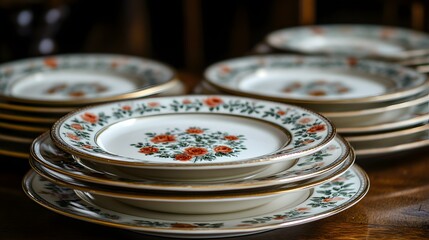 Stunning Close-Up of a Curated Set of Fine China Plates with Elegant Floral Motifs on a Rich Wooden Table