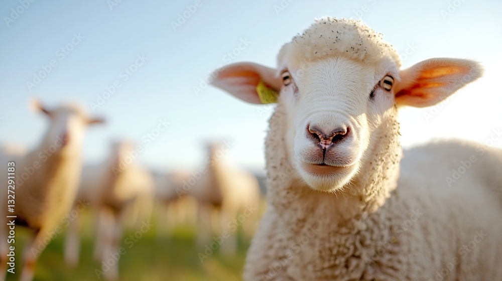 Aufkleber Closeup of a friendly sheep looking into the camera with a beautiful pasture in the background : Generative AI