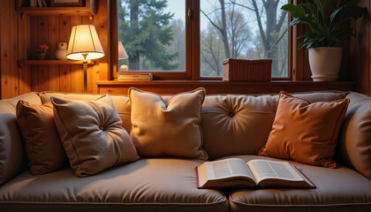 Fototapeta premium Cozy workspace with cushions and study lamp, peaceful exam preparation