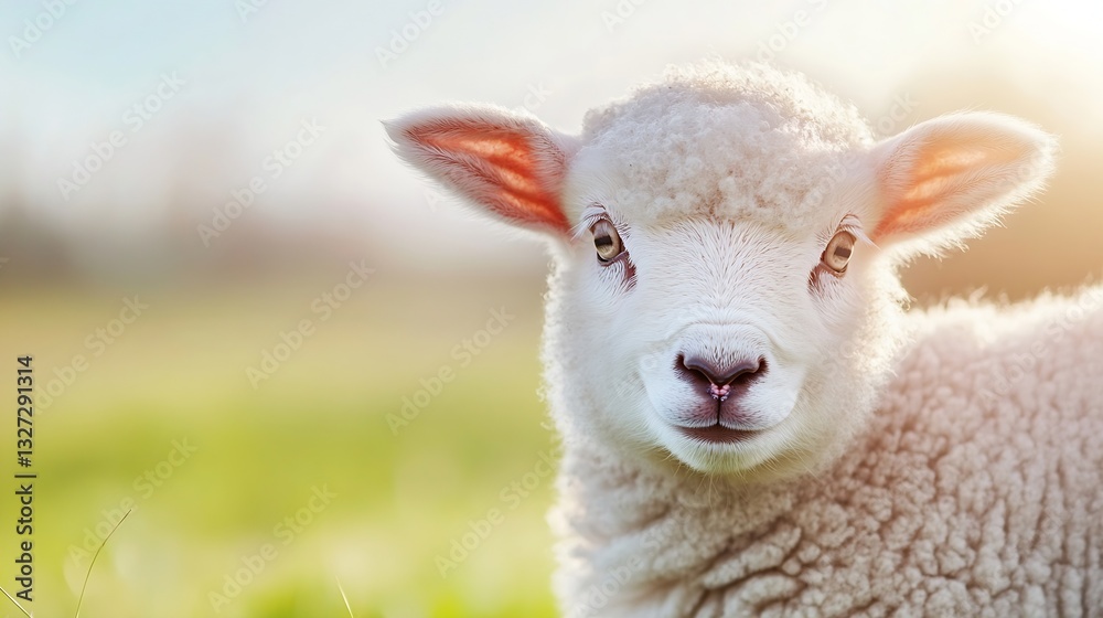 Aufkleber adorable young lamb with serene expression grazing in a green meadow during golden hour : generative