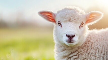 Obraz premium Adorable young lamb with serene expression grazing in a green meadow during golden hour : Generative AI