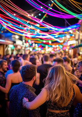 Excitement fills the air as diverse people enjoy music and socialize beneath festive lights