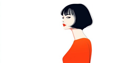 Stylish Woman with Bob Haircut in Red Dress - Profile View
