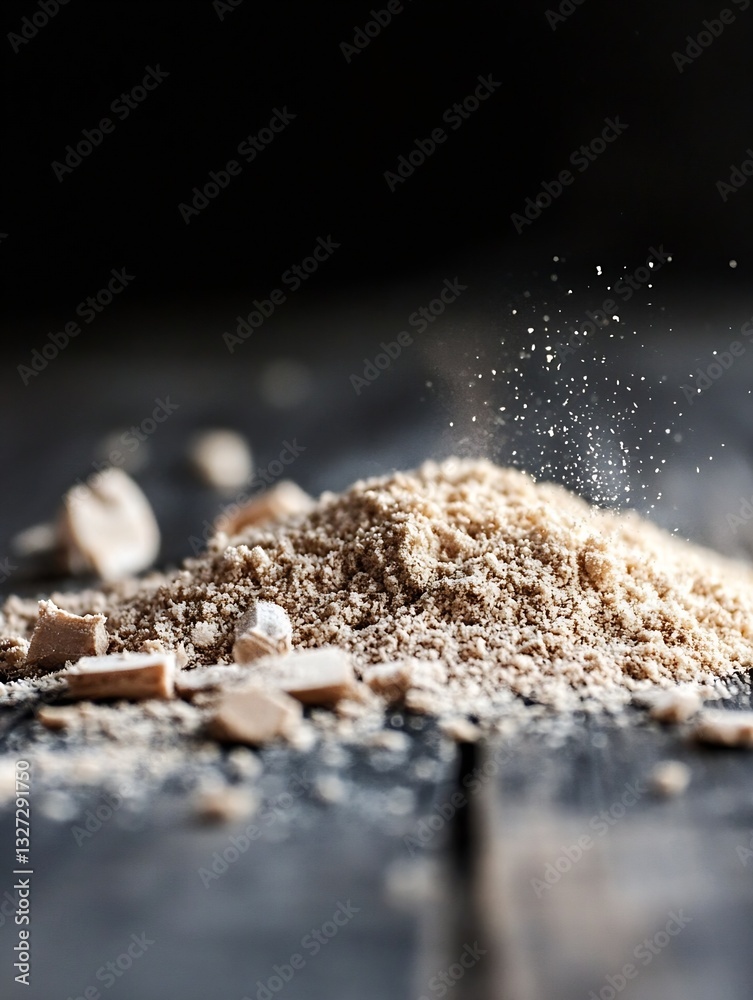 Poster fine ground powder with particles floating in the air on dark wooden surface : generative ai